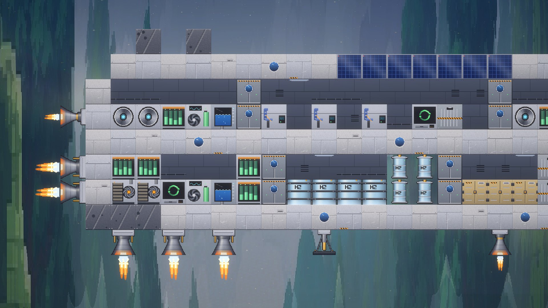 Engine room and fuel bay: generators, battery racks, cryogenic H₂ tanks, gyroscopes on the upper deck.