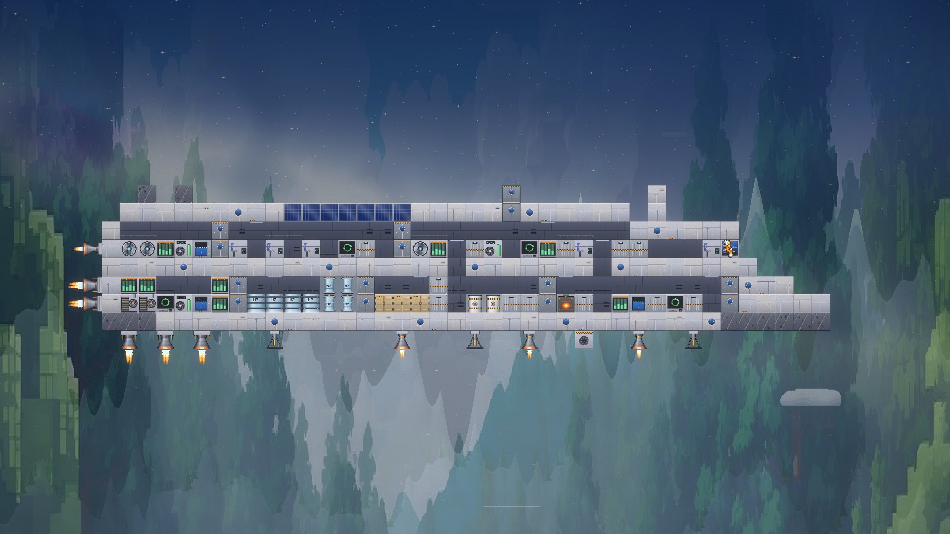 A 40-block cruiser in flight: two decks, bulkheads with airlocks, engine gondolas firing.